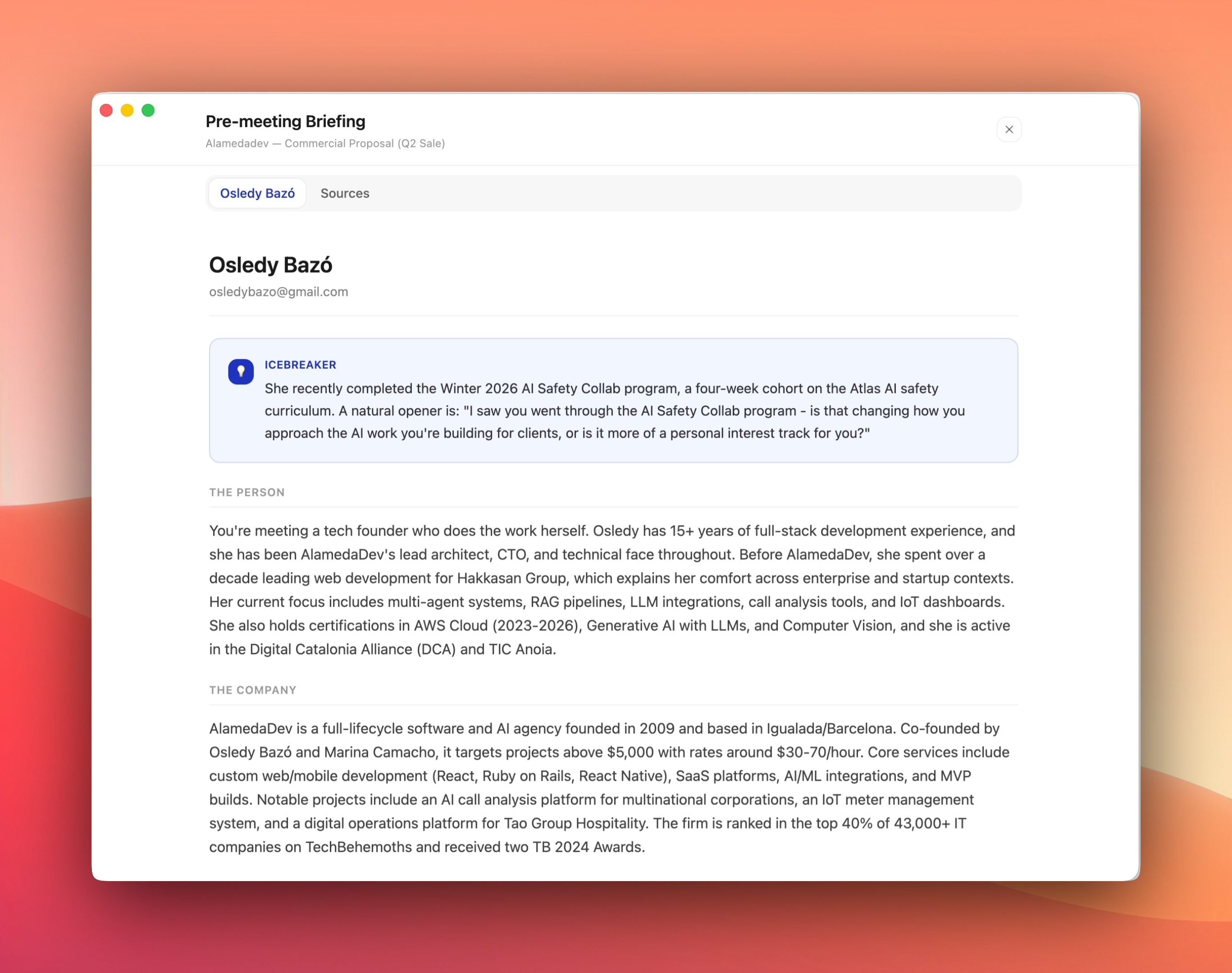Pre-meeting briefing showing participant profile, icebreaker, and company intel