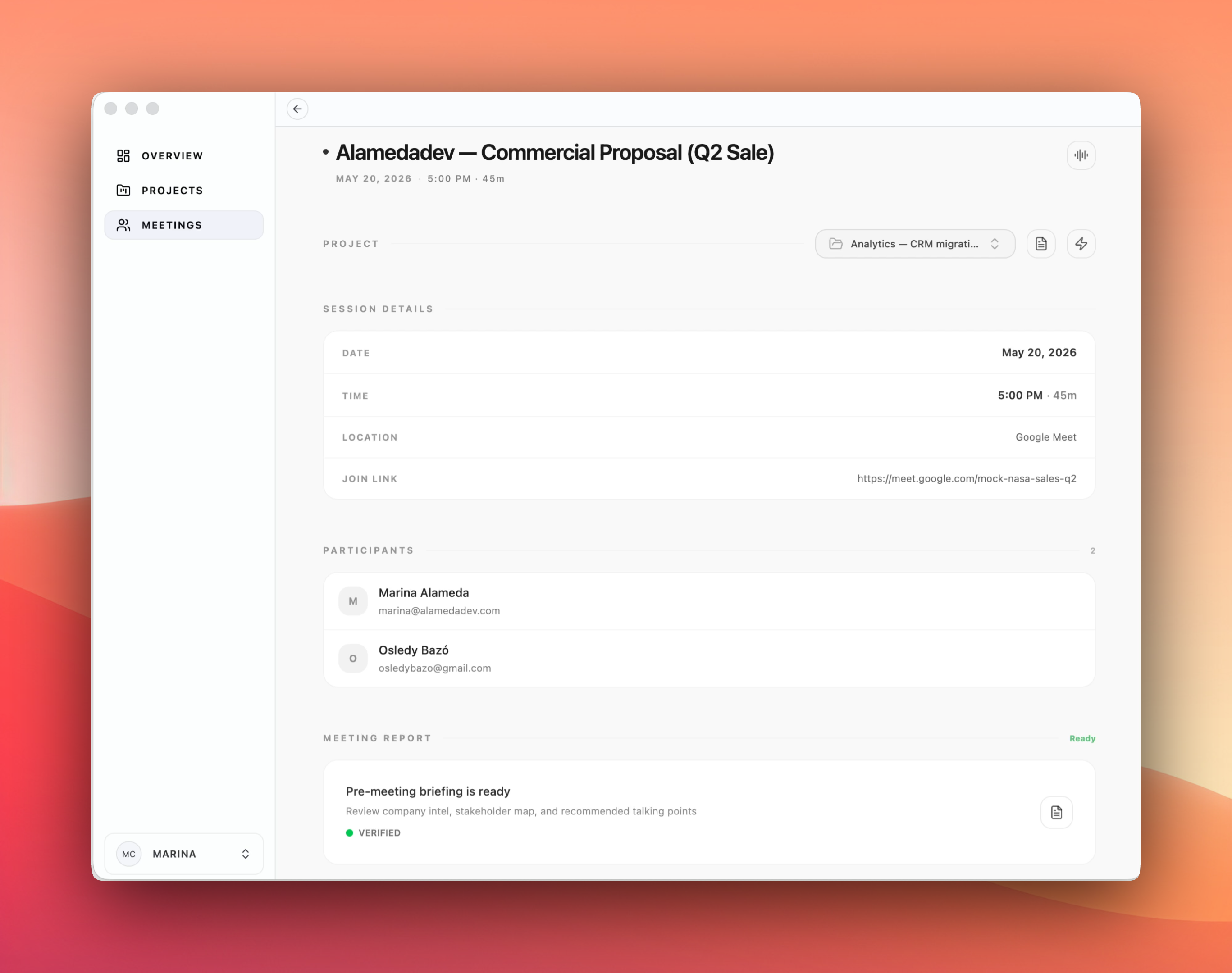 Meeting detail view showing the pre-meeting briefing ready and verified