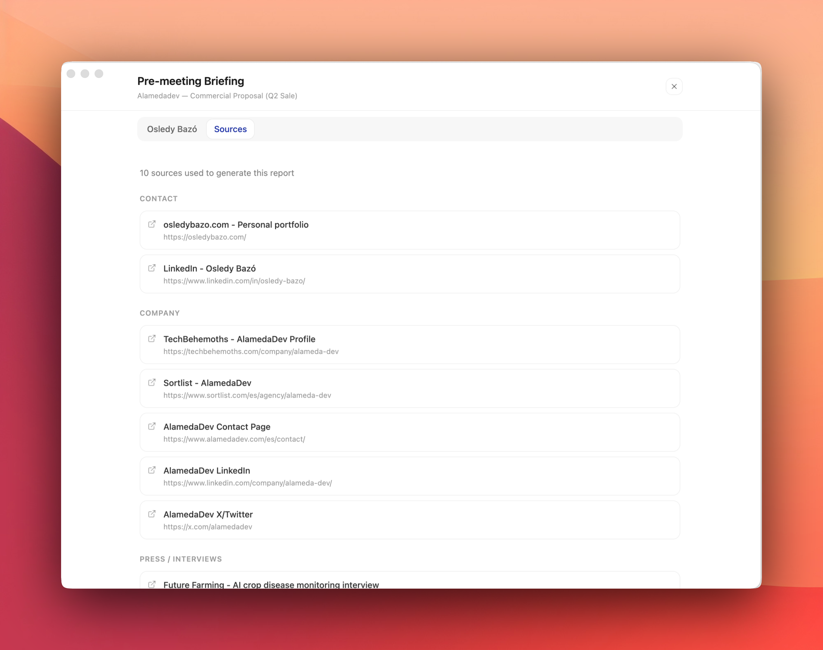Pre-meeting briefing sources tab with verified links used in the report